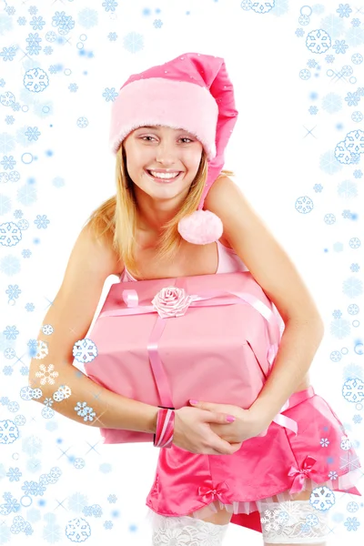 Miss Santa with gift — Stock Photo, Image