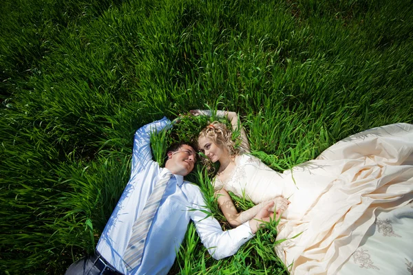 Wedding couple in grass — Stock Photo, Image