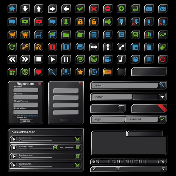 Schwarze Webdesign-Elemente gesetzt. auf schwarzem Hintergrund — Stockvektor