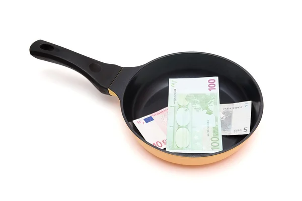 Frying pan with euro bills isolated — Stock Photo, Image