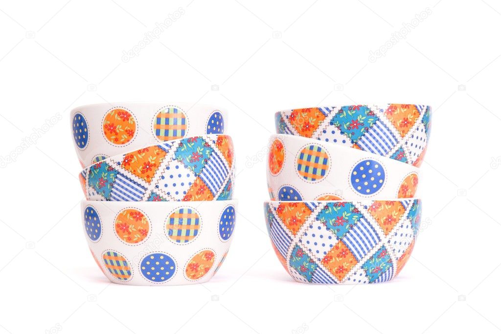 Two zigzag stacks of porcelain bowls