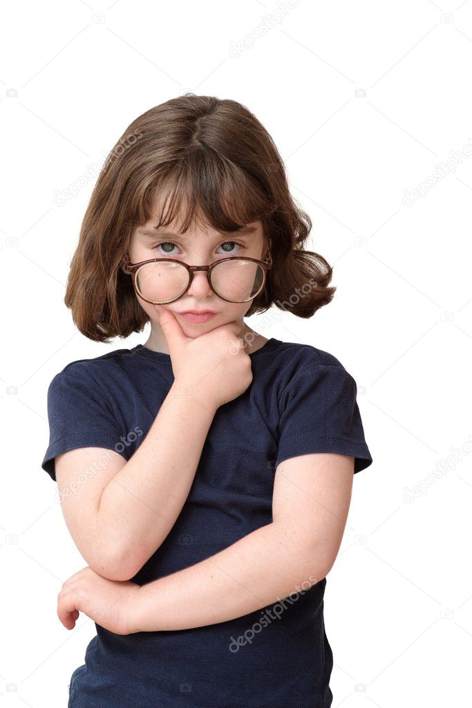 Thoughtful little girl in round spectacles