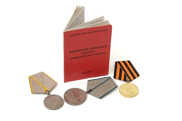 Soviet communist party membership card and medals — Stock Photo, Image