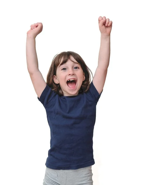 Cute little girl raises her hands in a victory sign — Stock Photo, Image