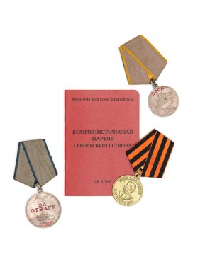 Soviet communist card surrounded by old medals clipart