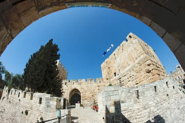 stock image Fisheye view of an ancient citadel in Jerusalem Old City through the arch