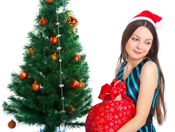 Karácsonyi fenyő fa közelében lány — Stock Fotó