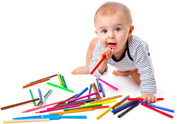 Bebé con lápices —  Fotos de Stock