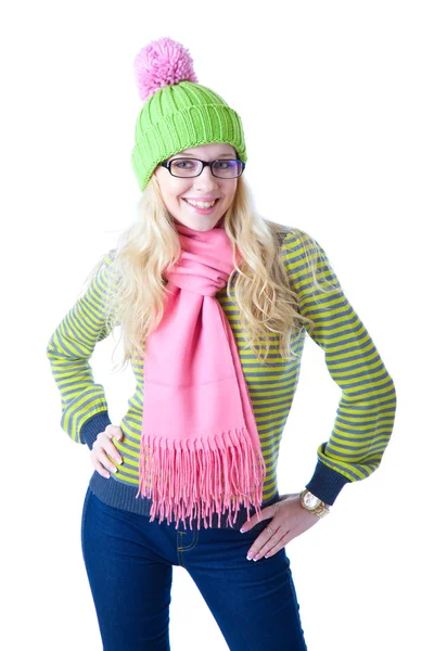 Beautiful girl in cap and scarf — Stock Photo, Image