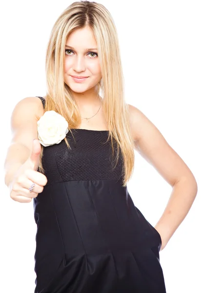 Atrakcyjny młody blond kobieta z dwa kciuki do góry ze śmiechu — Zdjęcie stockowe