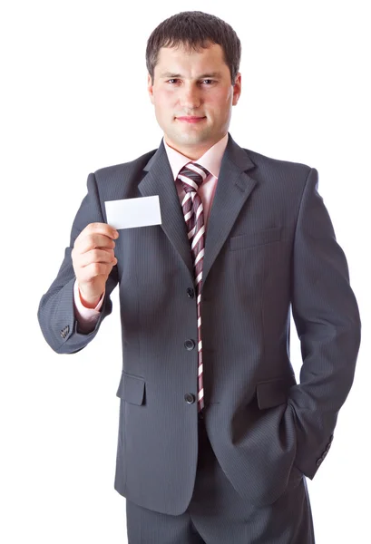 Uomo d'affari con il biglietto da visita. Isolato su sfondo bianco — Foto Stock
