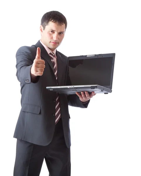Um homem de negócios com um portátil. Isolado sobre fundo branco — Fotografia de Stock