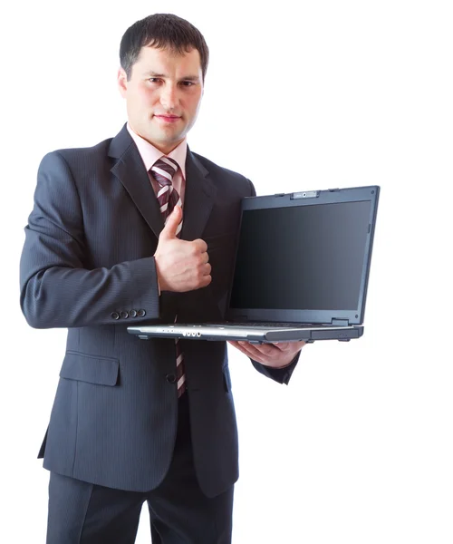Affärsman wit laptop. isolerad på vit bakgrund — Stockfoto