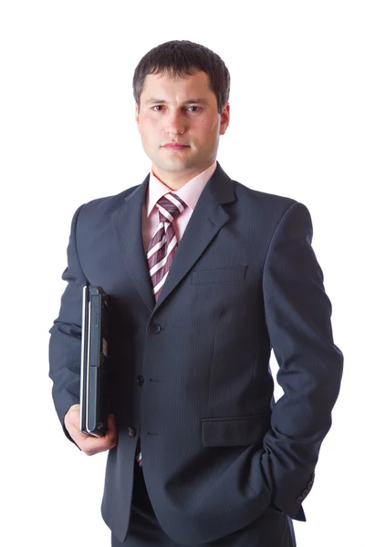 Молодий бізнесмен з ноутбуком. Ізольовані на білому тлі — стокове фото