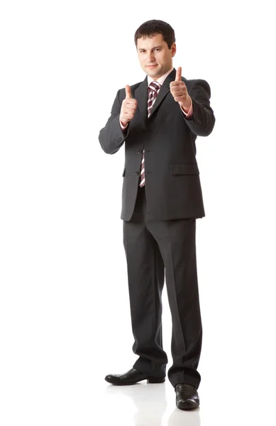 Homem de negócios com polegares erguidos. Isolado sobre fundo branco — Fotografia de Stock
