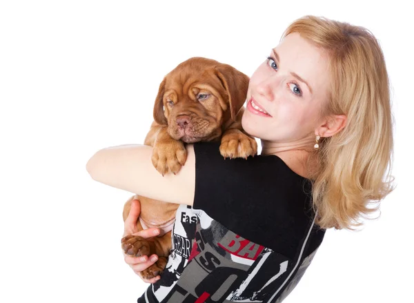 Menina com filhote de cachorro de Dogue de Bordeaux (mastim francês ) — Fotografia de Stock