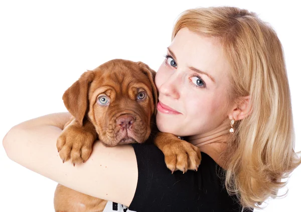 Giovane ragazza con cucciolo di Dogue de Bordeaux (mastino francese ) — Foto Stock