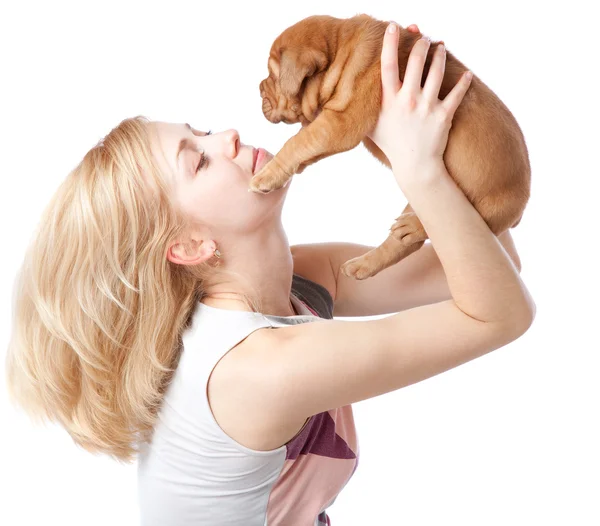 Young girl with puply of Dogue de Bordeaux (French mastiff) — Stock Photo, Image