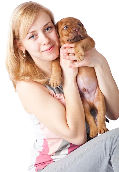 Młoda dziewczyna z puply Dogue de Bordeaux (francuski Mastif) — Zdjęcie stockowe