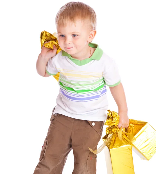 Criança com presentes — Fotografia de Stock