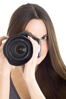fotoğraf makinesi ile güzel bir genç kadının portresi