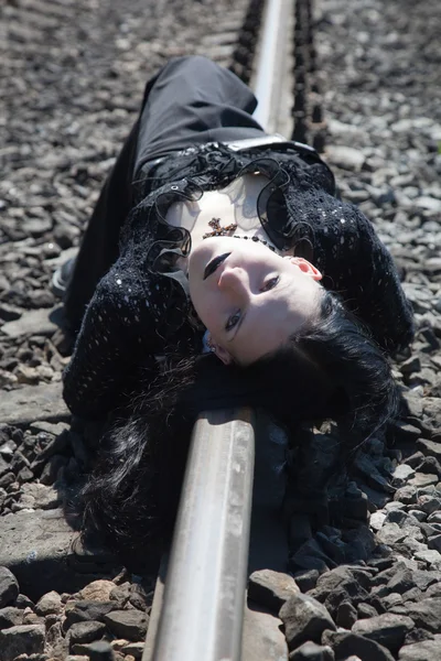 Gothic girl on railway — Stock Photo, Image
