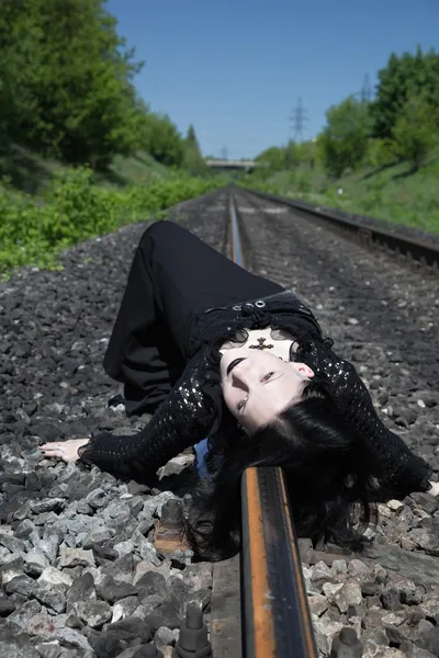 Gothic girl on railway — Stock Photo, Image