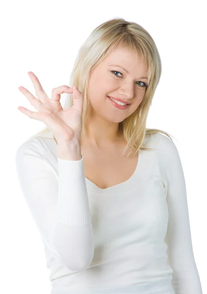 Attractive woman giving OK sign — Stock Photo, Image