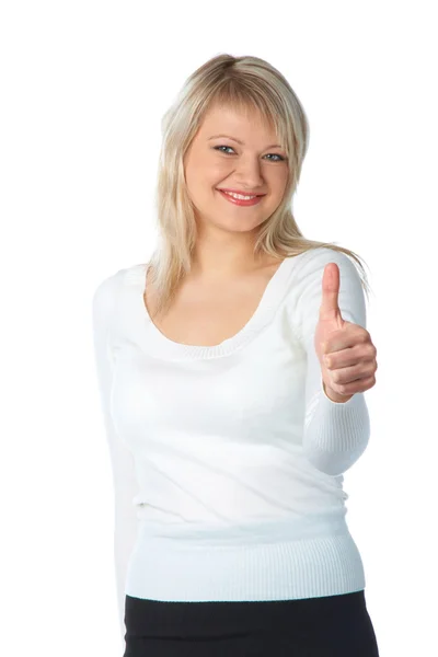 Mulher loira jovem atraente com dois polegares para cima com um riso — Fotografia de Stock