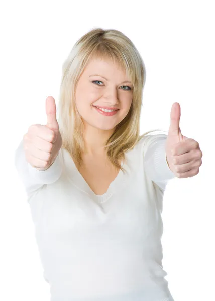 Atrakcyjny młody blond kobieta z dwa kciuki do góry ze śmiechu — Zdjęcie stockowe