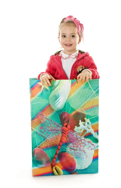 Pretty little girl in bag — Stock Photo, Image