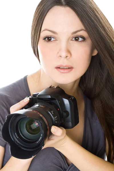 Portrét krásné mladé ženy s kamerou — Stock fotografie