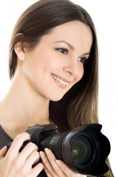 Retrato de uma bela jovem com câmera — Fotografia de Stock