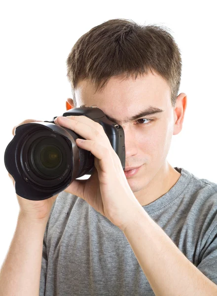 带着相机的年轻摄影师 — 图库照片