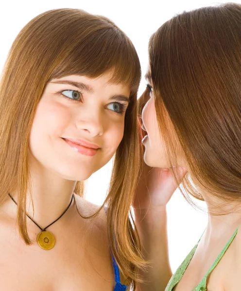 Zwei glückliche junge Freundinnen erzählen Geheimnis — Stockfoto