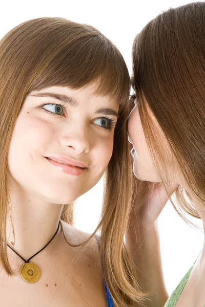 Two happy young girlfriends telling secret — Stock Photo, Image