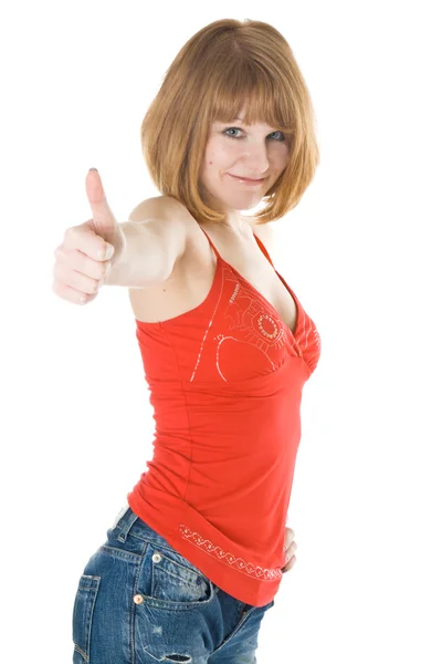Portret van een jonge vrouw geven de thumbs-up — Stockfoto