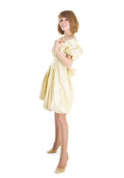 Vacker kvinna i beige klänning — Stockfoto