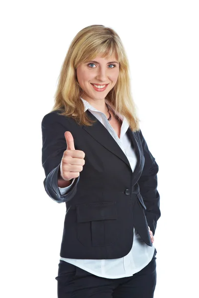 Jeune femme souriante en costume d'affaires Image En Vente