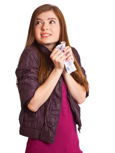 Lány a pénzzel a kezében — Stock Fotó