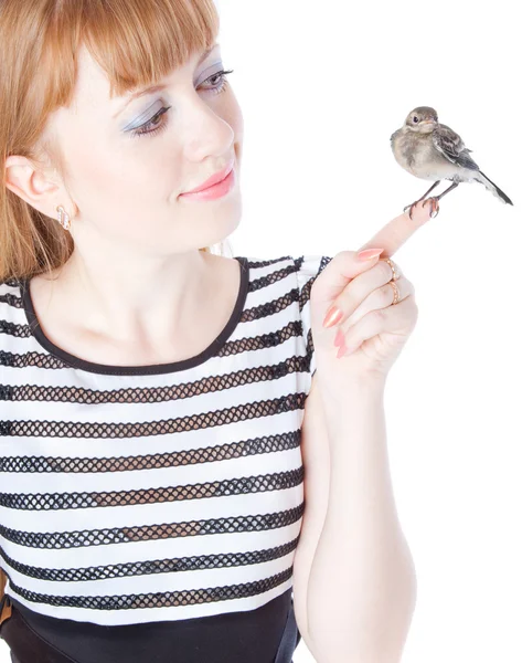 Nestling of bird (wagtail) on hand — Stock Photo, Image