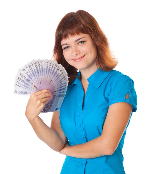Red-haired teen-girl with money in hand — Stock Photo, Image