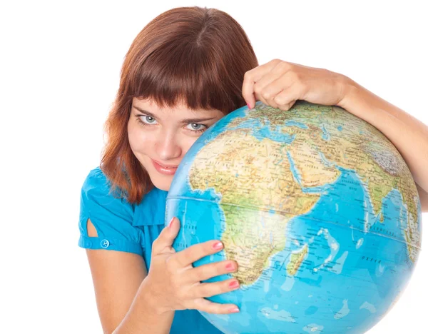 Das rothaarige Mädchen mit Globus — Stockfoto