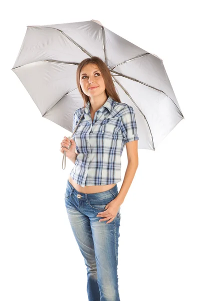 Ragazza è in piedi sotto l'ombrello — Foto Stock