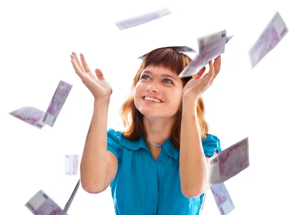 Banknotes of 500 euro are falling on red-haired girl — Stock Photo, Image