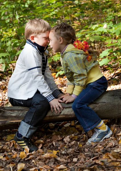一个女孩和一个男孩正在玩捉迷藏在秋天的公园 — 图库照片