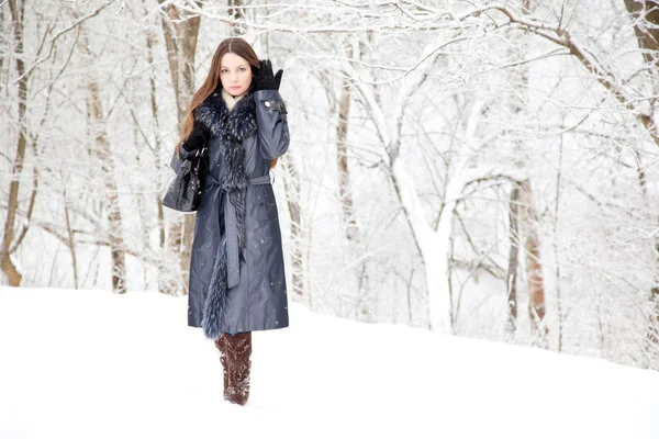Uma Mulher Bonita Está Parque Inverno — Fotografia de Stock
