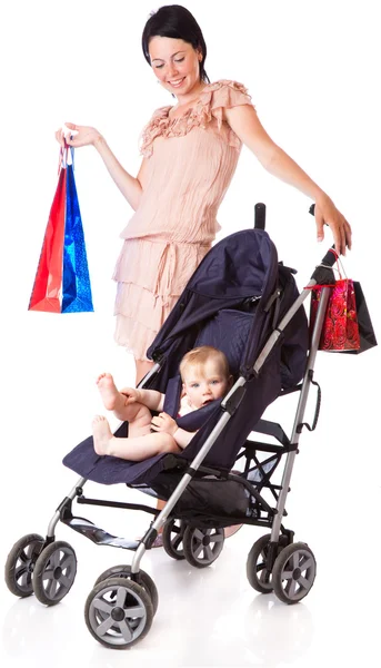 Young Woman Standing Her Child Pram Isolated White Background — 스톡 사진