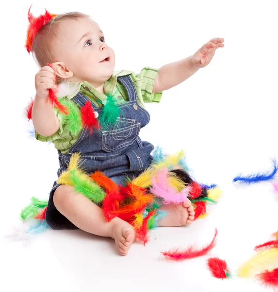 Little Boy Colorful Bright Feathers Isolated White Background — Stock Photo, Image