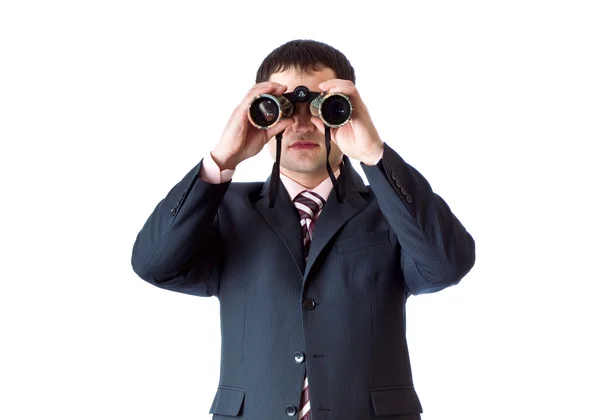 Hombre Está Mirando Través Los Binoculares Aislado Sobre Fondo Blanco —  Fotos de Stock